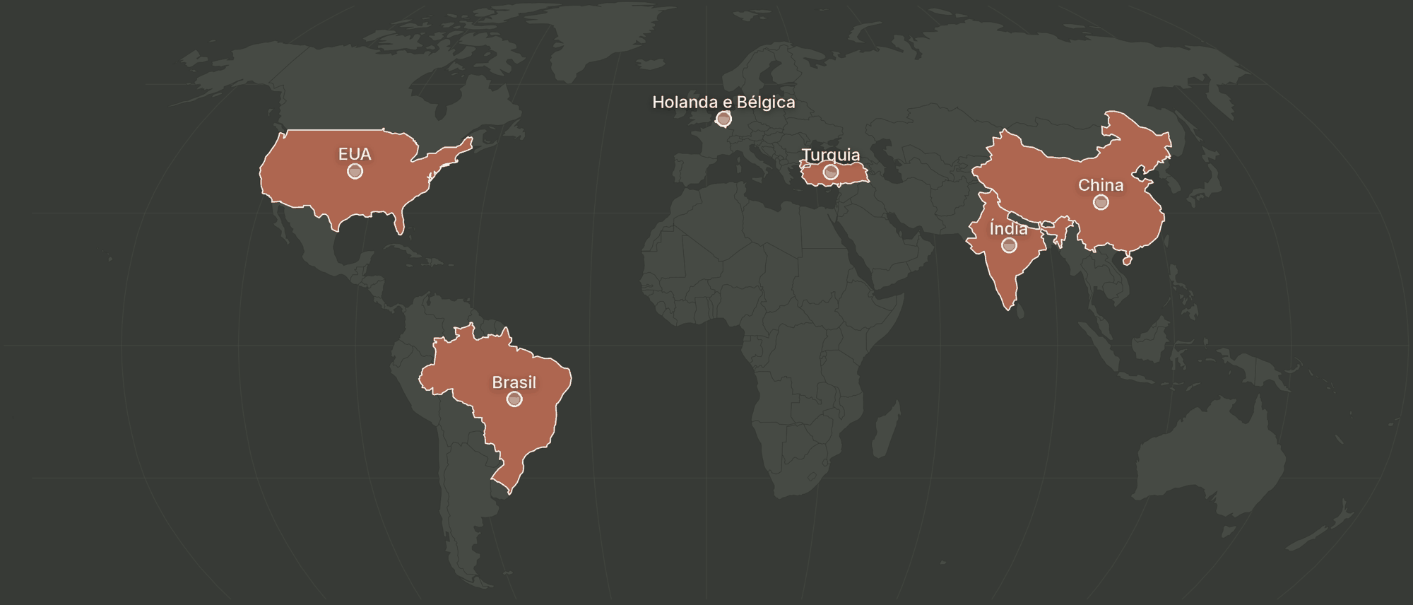 Mapa-múndi com os países de produção da Via Star em destaque: Estados Unidos, Brasil, Holanda e Bélgica, Turquia, Índia e China